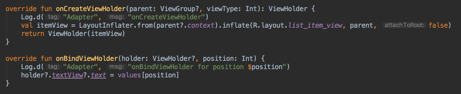 How to implement a RecyclerView - Using Log class to see reusing list elements