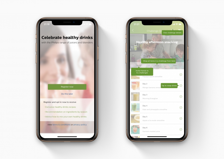 Screens of Healthy Drinks app by Philips