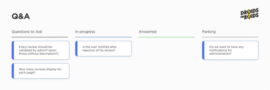 Q&A session - a list of questions for the product owner