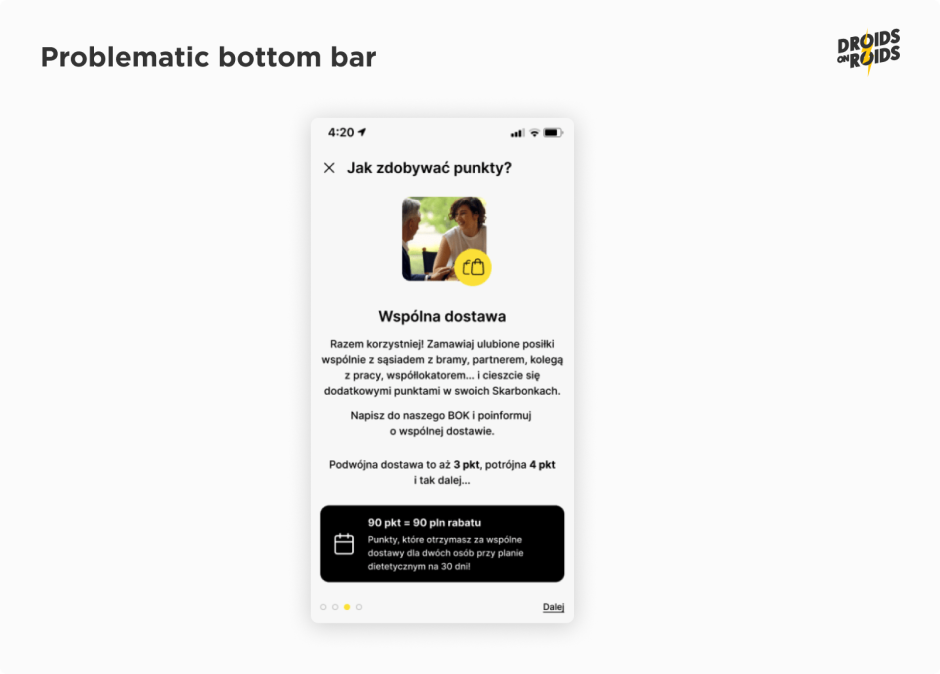 Android app accessibility – problematic bottom bar example